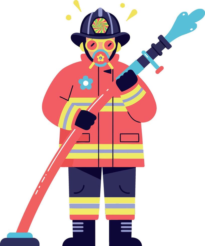 Firefighter in bright red uniform holding a water hose in flat art vector