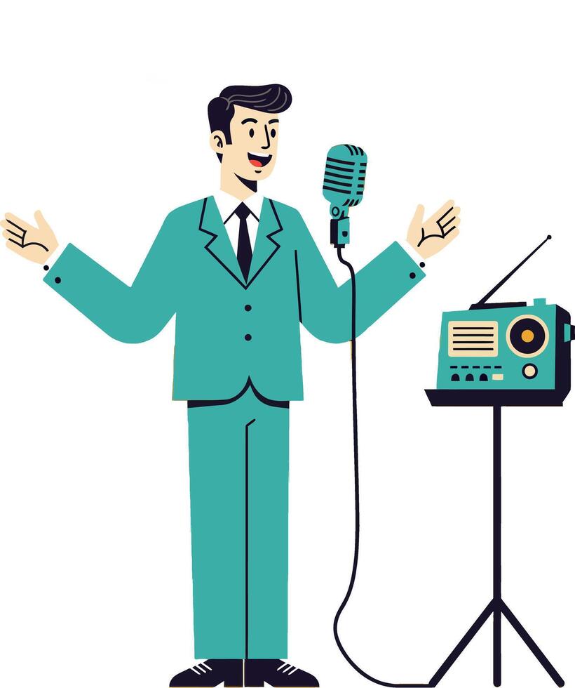 A cheerful man in a teal suit speaking into a retro microphone in a flat illustration vector