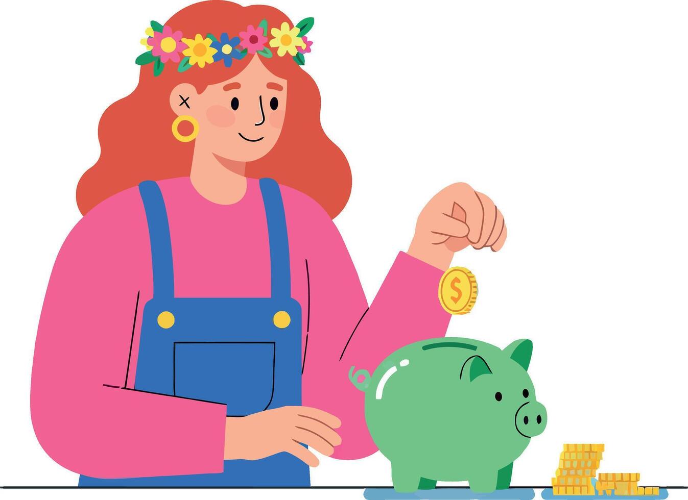 A young woman with a flower crown joyfully deposits coins into a green piggy bank in flat art vector