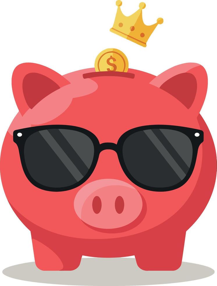 A cool piggy bank wearing sunglasses with a crown and coin on its head, flat art vector