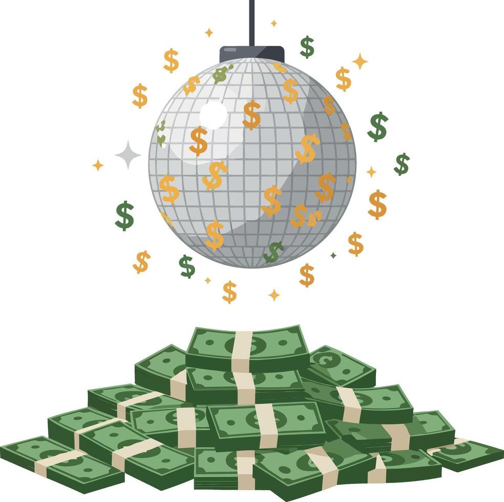 A glittering disco ball above a pile of cash in a flat illustration vector