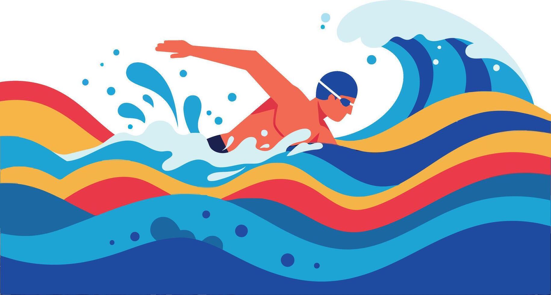 Dynamic swimmer gliding through vibrant waves in flat style art vector