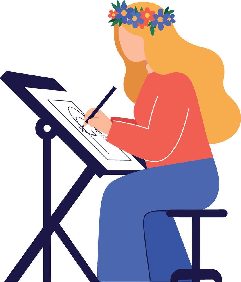 A woman creating art at an easel with a flower crown in a flat illustration vector