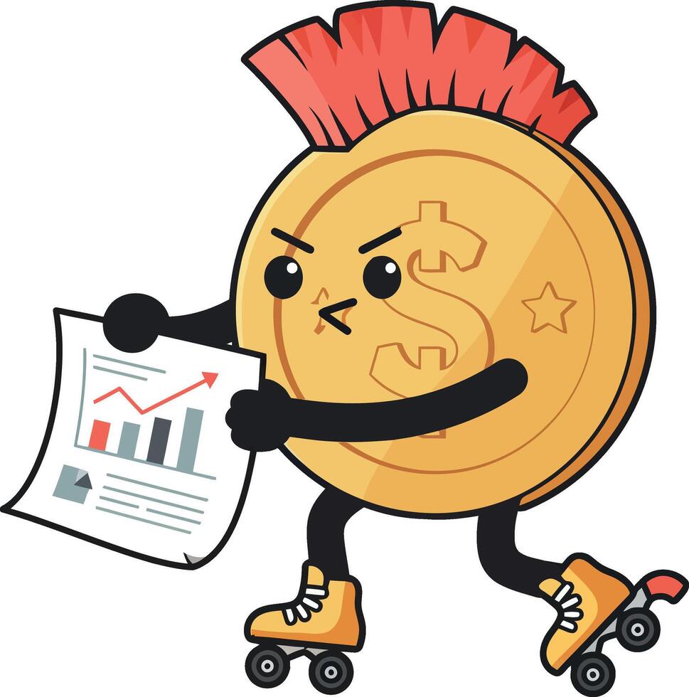 Cartoonish coin character on roller skates holding a financial report in a playful flat illustration vector