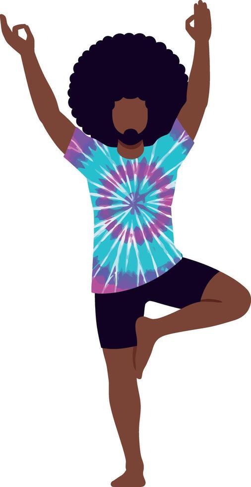 A person practicing yoga in a vibrant tie-dye shirt, engaging in a balancing pose, minimal illustration vector
