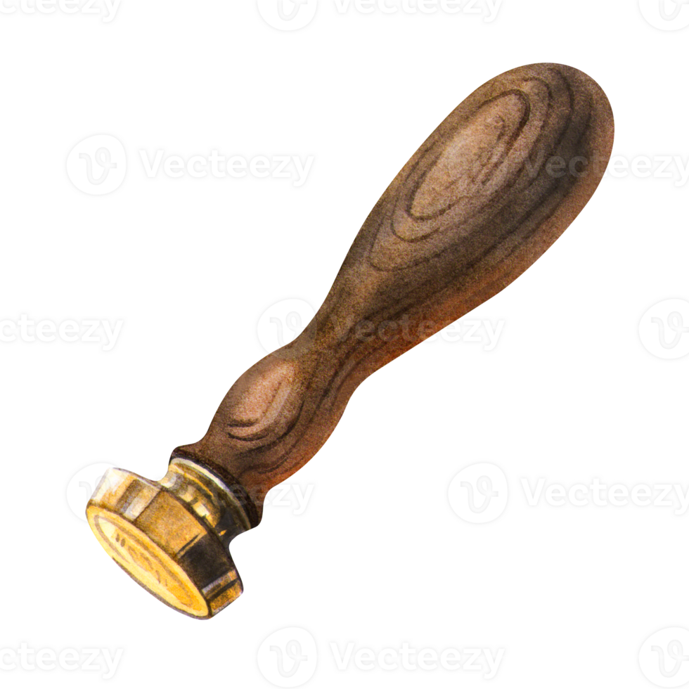Wax seal stamp tool with a wooden handle in vintage style. Charming hand-drawn illustration for classic letters, law and security symbol and sign, scrapbooking, craft or retro projects. png