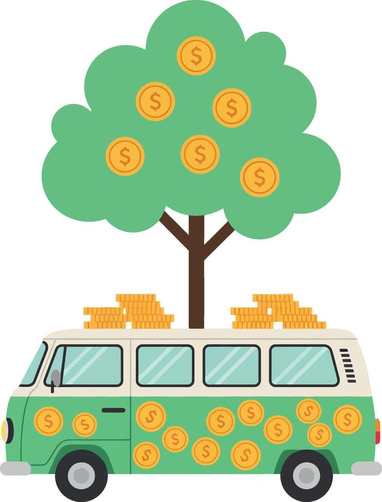 Green van with money tree and gold coins in flat illustration vector