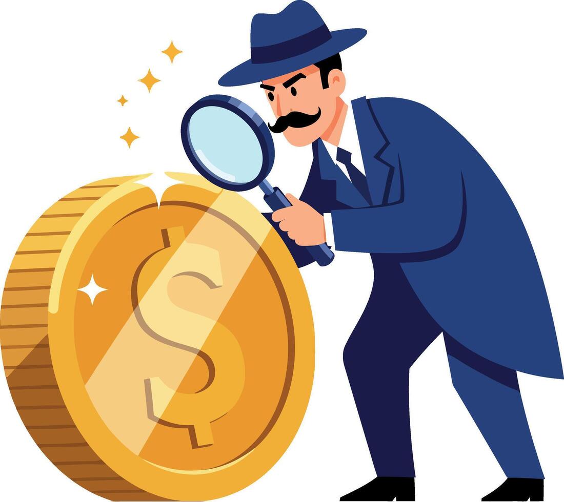 Detective examining a large gold coin with a magnifying glass in flat art vector