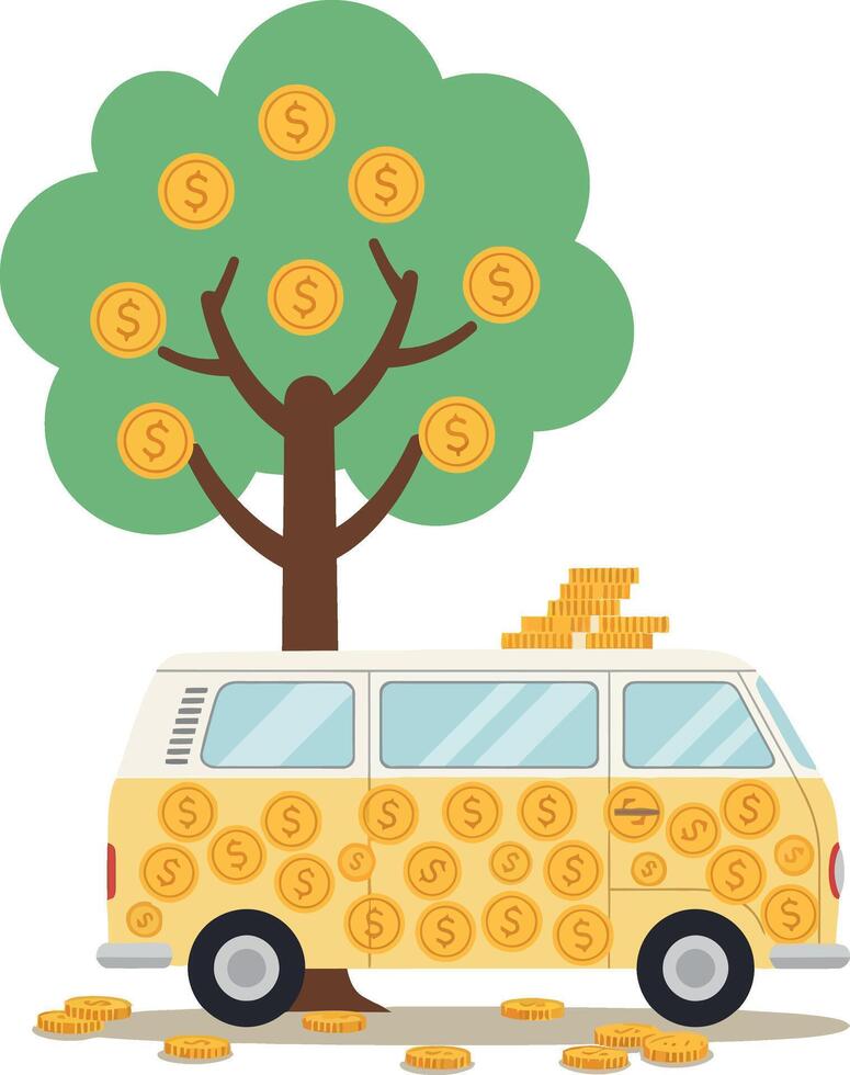 A whimsical yellow van surrounded by a money tree and coins in flat art vector