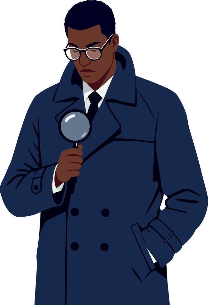 Detective holding magnifying glass in dark coat, minimal style illustration vector