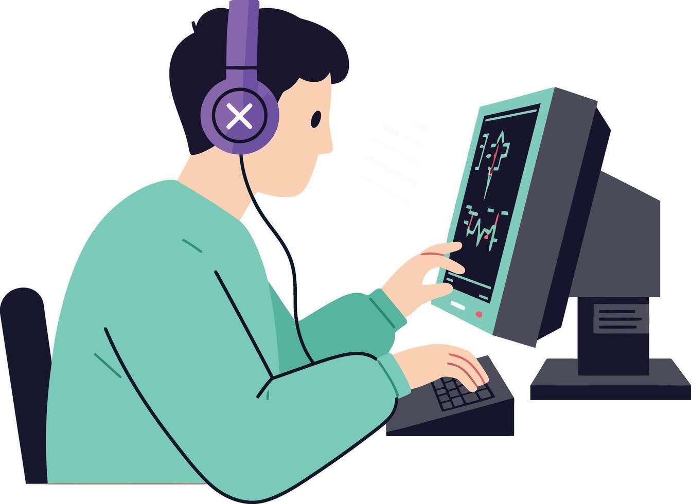Young man focused on computer screen wearing headphones in a minimal flat illustration vector