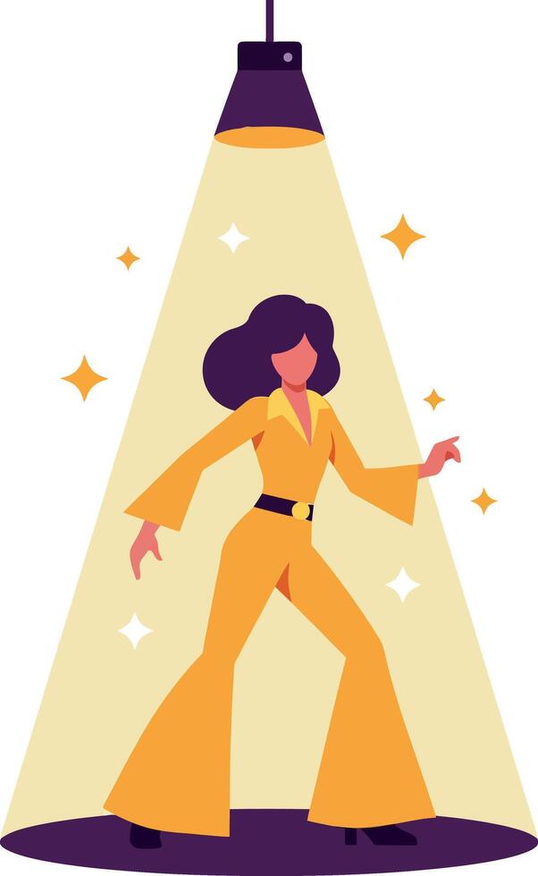 A confident woman in a stylish yellow jumpsuit dancing under a spotlight in flat art vector