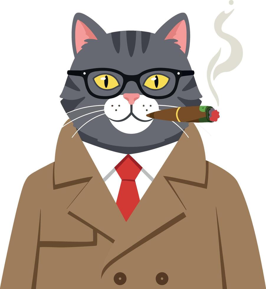 A stylish cat wearing glasses and a coat, smoking a cigar in a flat illustration vector