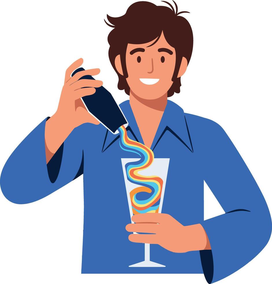 Bartender mixing a colorful cocktail in a stylish blue shirt, flat art vector
