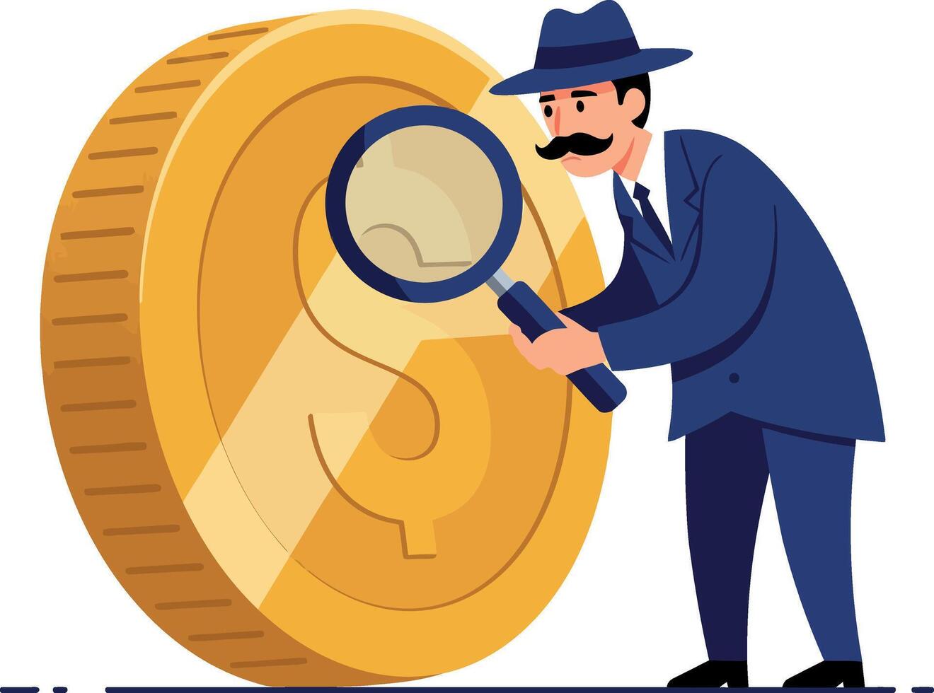A detective inspecting a large gold coin with a magnifying glass in a flat illustration vector
