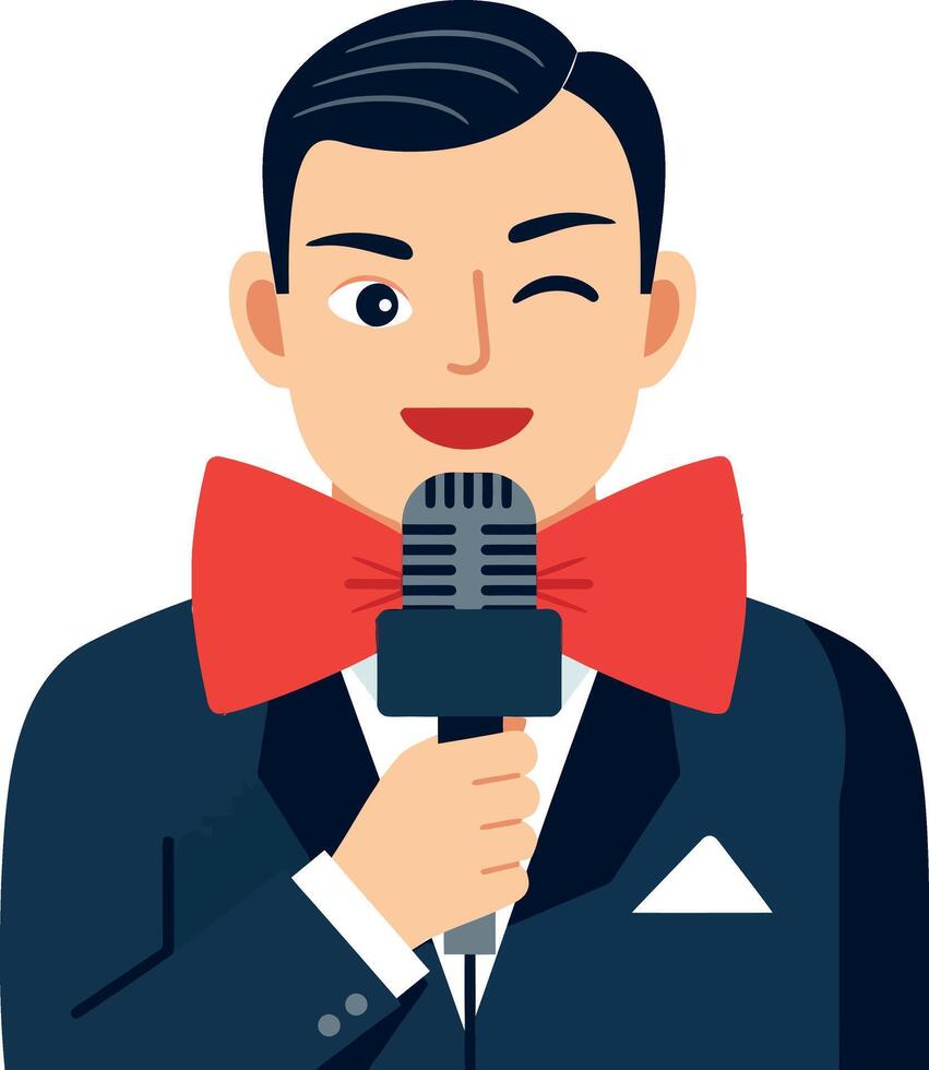 A cheerful man in a tuxedo holding a microphone with a large red bow tie in flat art vector