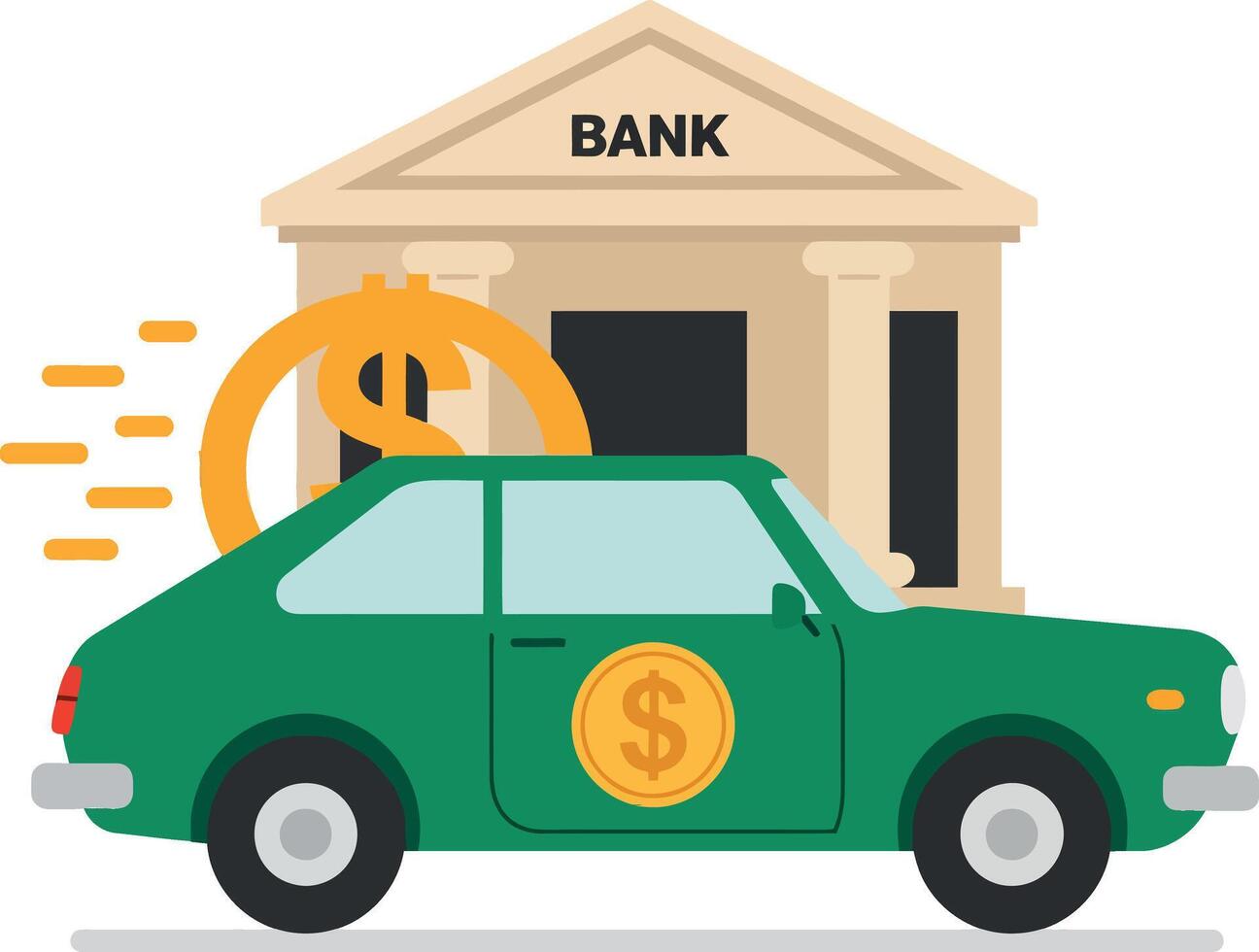 Green car with dollar sign speeding towards a bank building in flat art vector