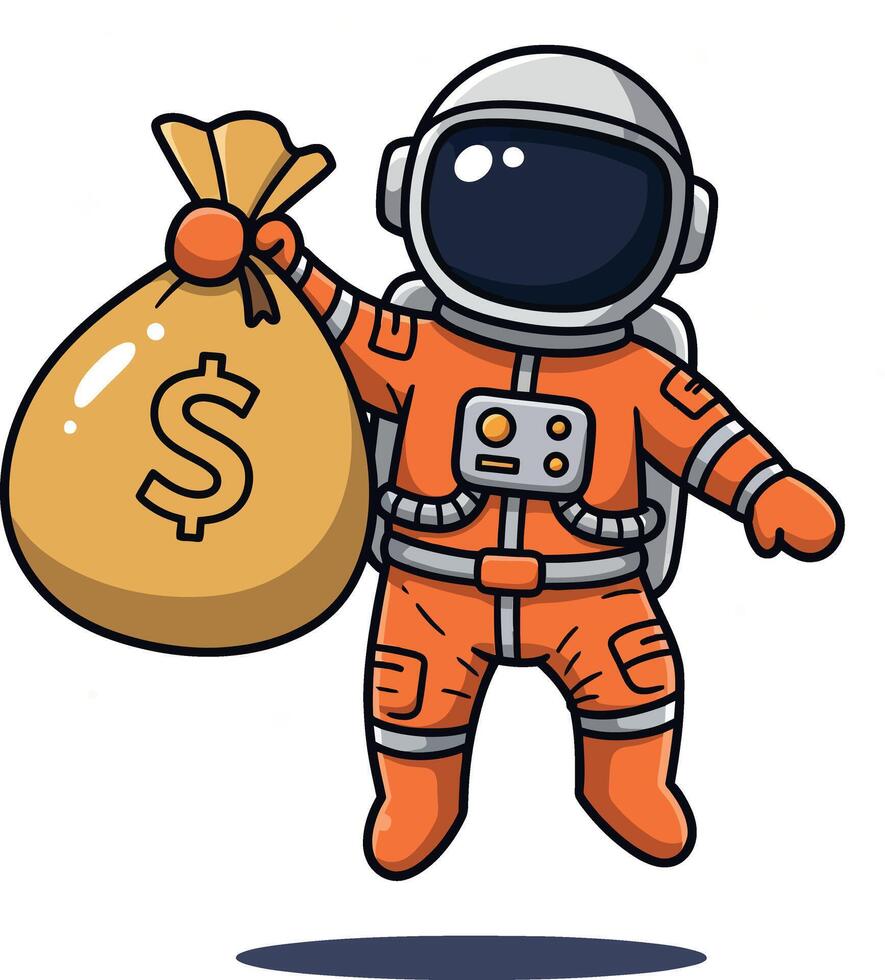 Astronaut in an orange suit joyfully holding a money bag, flat illustration vector
