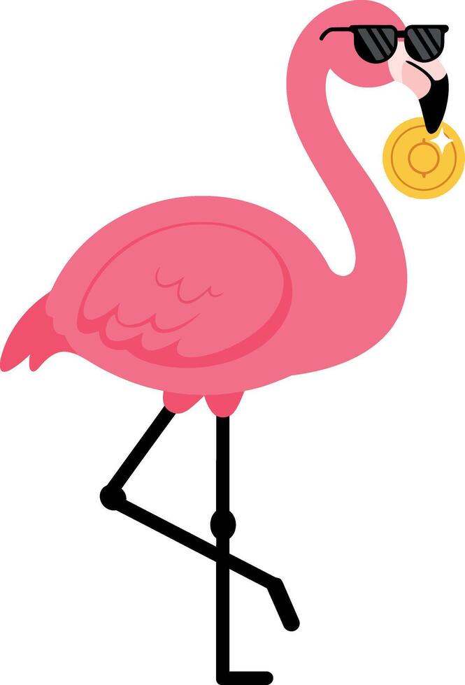 Playful pink flamingo wearing sunglasses and holding a gold coin in a minimal illustration vector