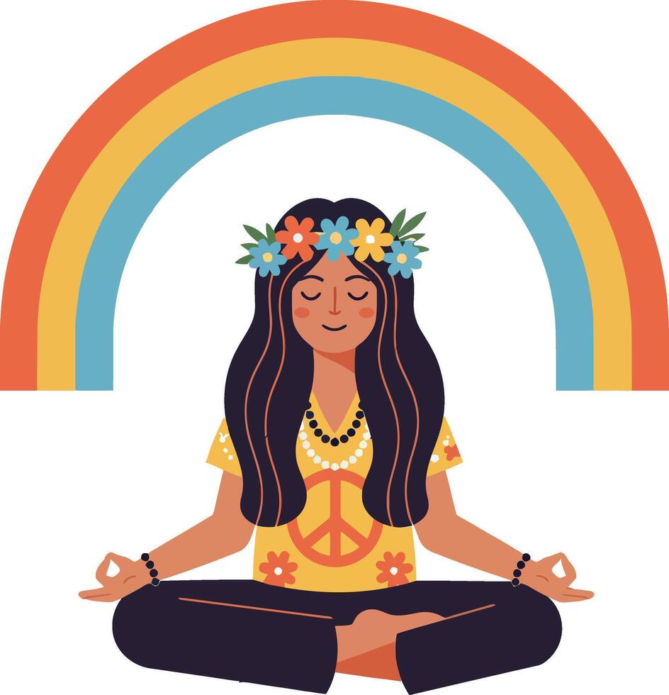 Peaceful woman meditating in a colorful environment with a rainbow backdrop in flat art vector