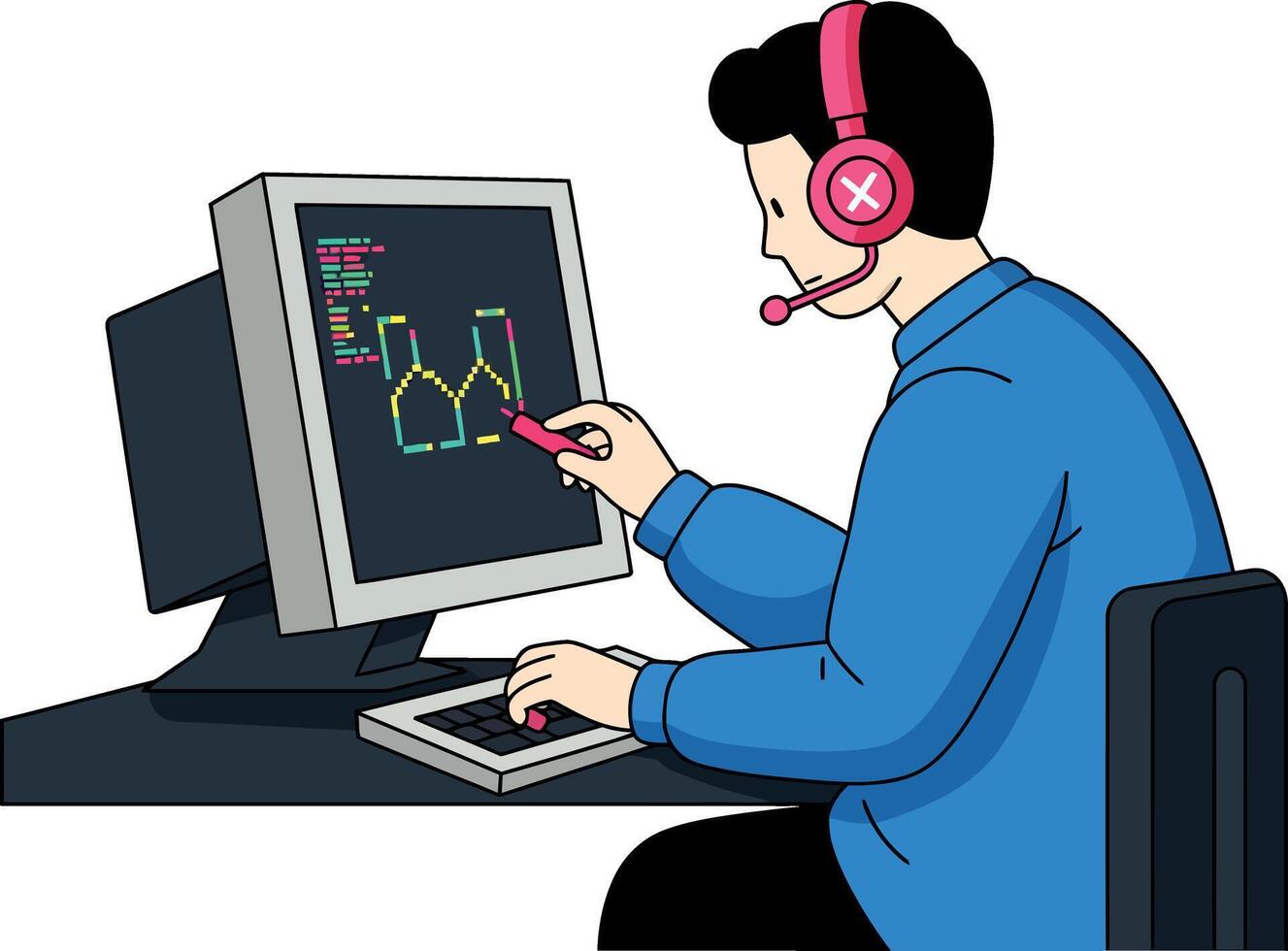 A focused man using a computer with headphones and a stylus in flat art vector