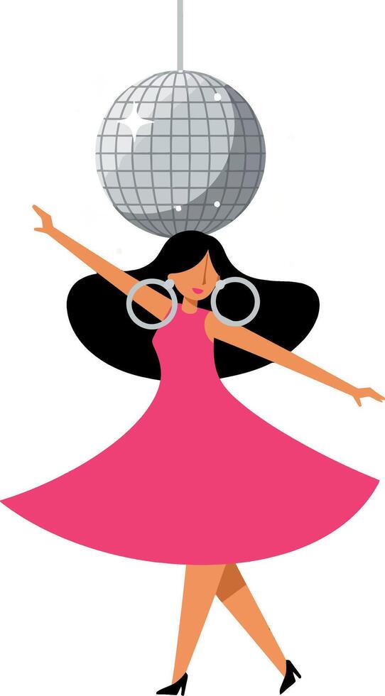 A woman in a pink dress dancing joyfully under a disco ball in a flat illustration vector