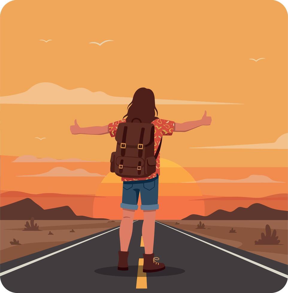 Person standing on an empty road with arms outstretched at sunset, flat illustration vector