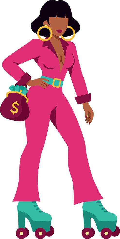 Stylish woman in a pink jumpsuit and turquoise roller skates, vibrant flat illustration vector