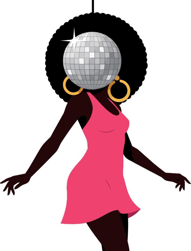 Stylish woman dancing in a pink dress with a disco ball head in a flat illustration vector