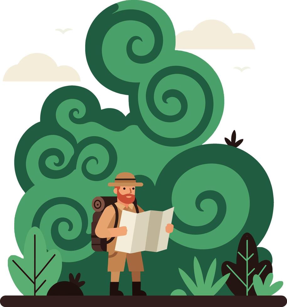 Adventurous explorer with a map in lush green jungle, flat style illustration vector