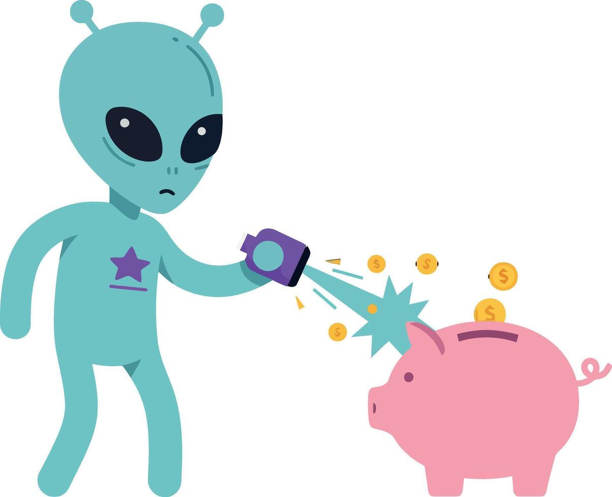 Alien character using a gadget to extract coins from a pink piggy bank in flat art vector