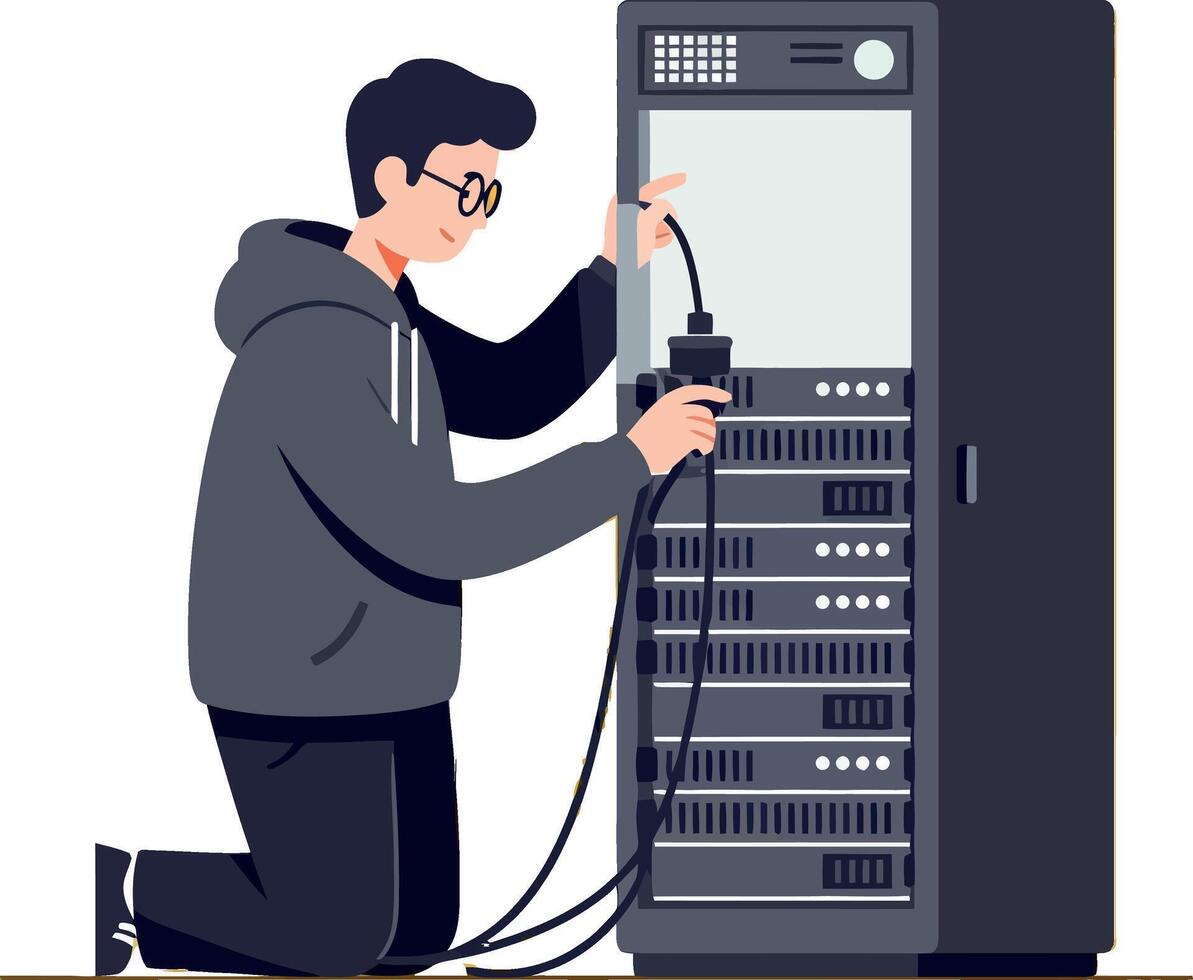 Technician in a hoodie working on a server rack in a minimal illustration vector