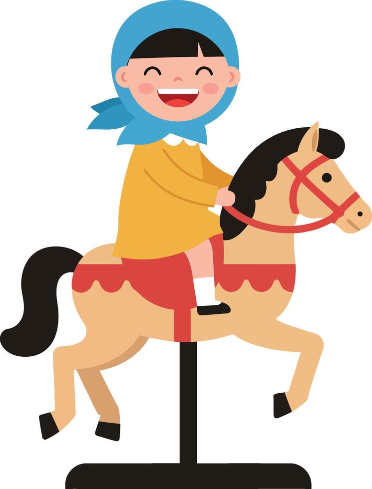 A joyful child riding a wooden horse in a playful, flat illustration vector