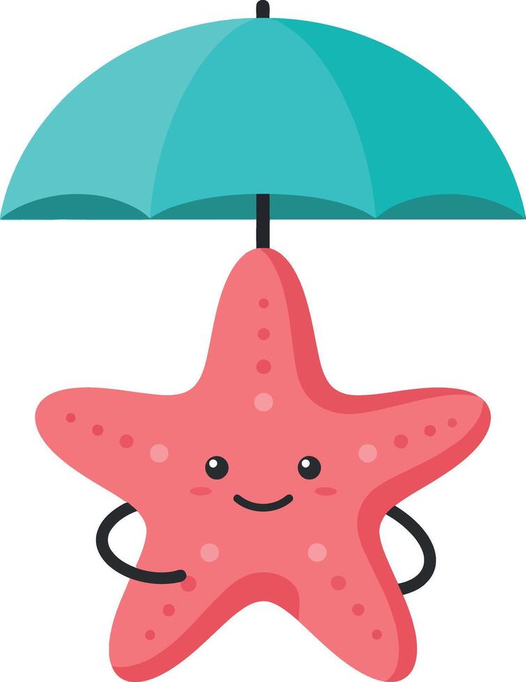Cute starfish character holding a turquoise umbrella in a playful flat illustration vector