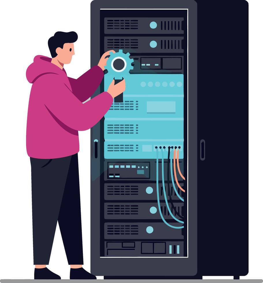 Technician in a pink hoodie working on server rack in flat illustration vector