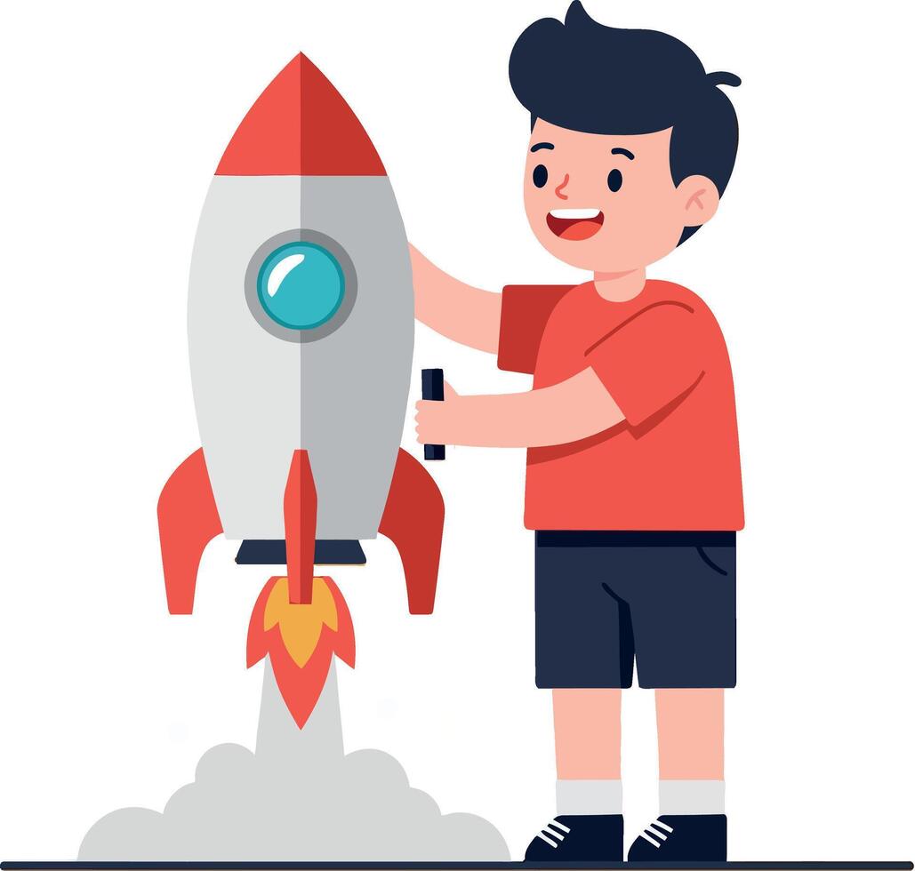 Young boy with a rocket in a playful flat design illustration vector