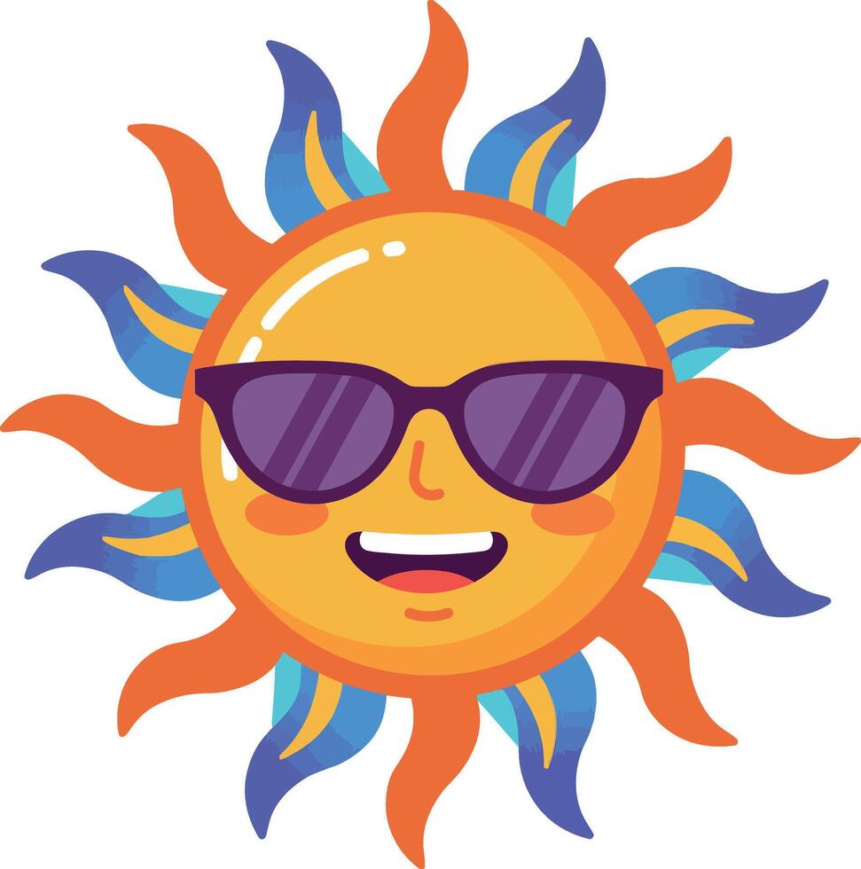 Cheerful smiling sun wearing sunglasses in a playful flat design illustration vector