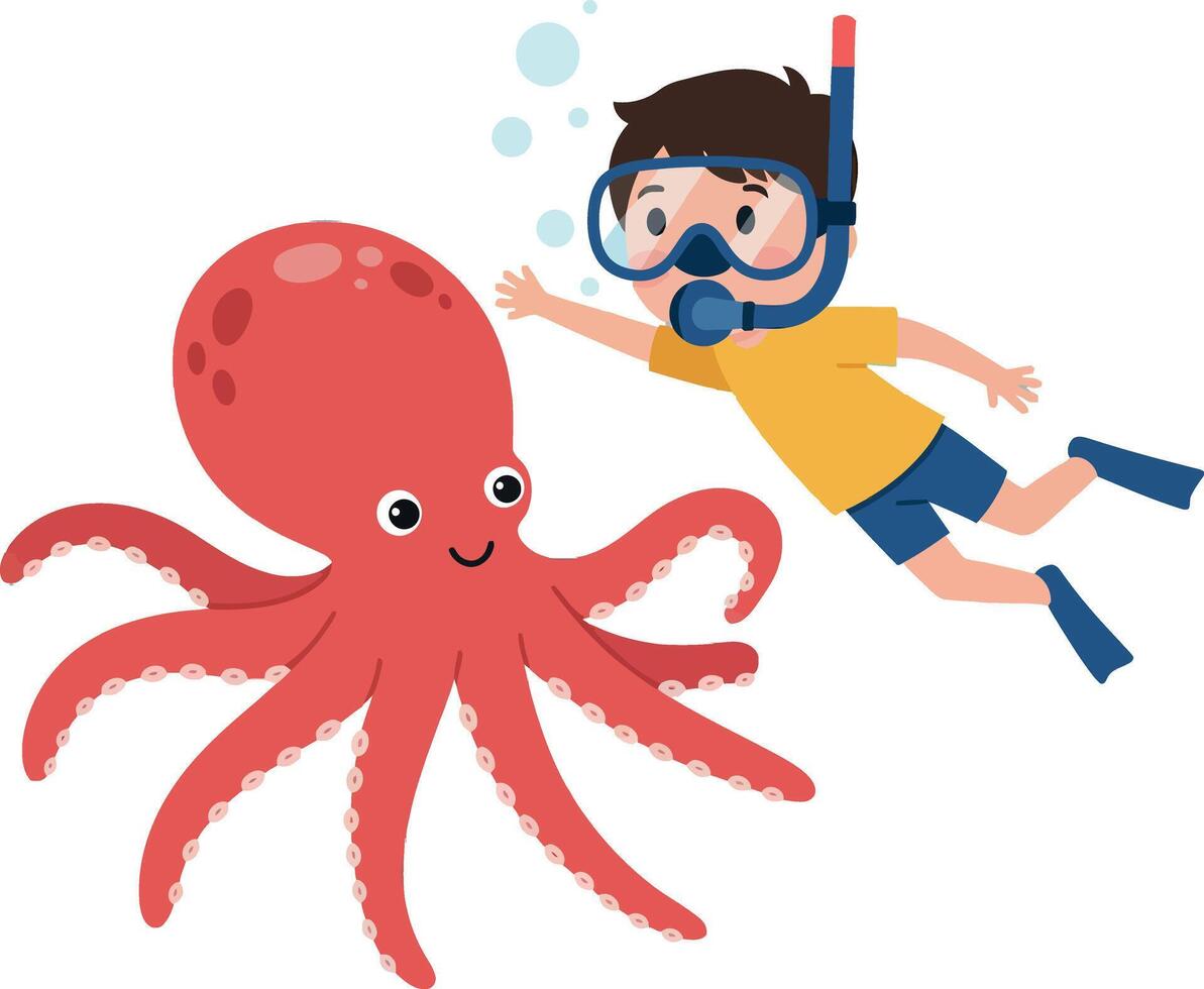 A cheerful boy in snorkeling gear interacting with a friendly octopus in flat art vector