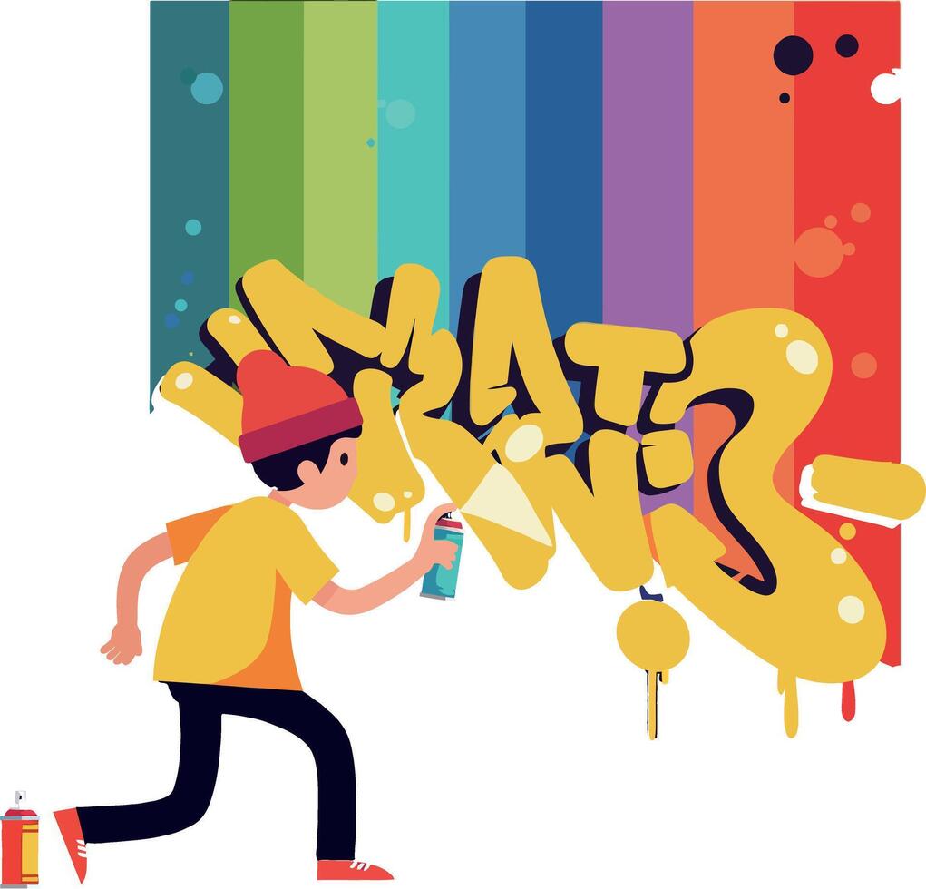 Young artist spray painting vibrant graffiti on a colorful wall in flat art vector