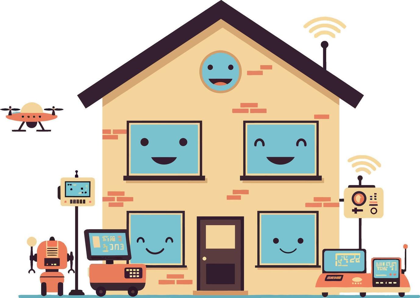 Cheerful house with smiling faces and friendly robots in flat art vector