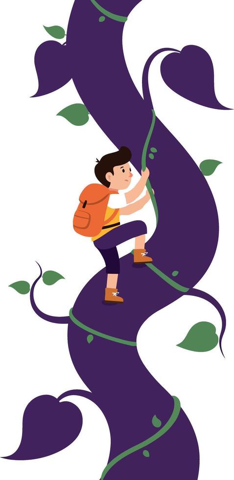 A young boy climbing a vibrant purple vine in a flat illustration style, showcasing adventure and determination vector