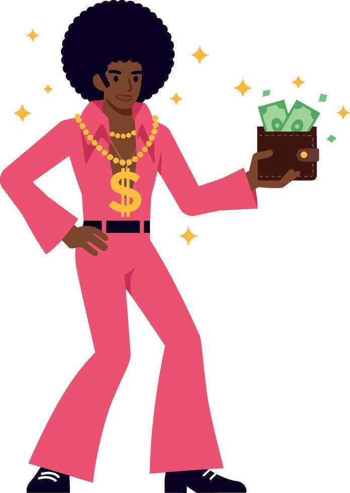 Stylish man with an afro hairstyle dressed in pink holding cash in a vibrant and cheerful flat illustration vector