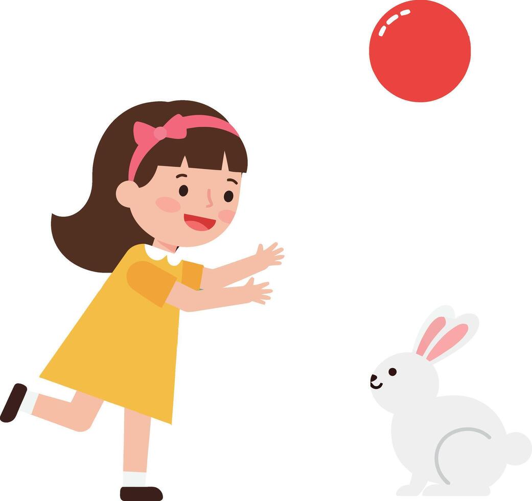 A cheerful girl in a yellow dress playing with a cute rabbit and a red ball in flat art vector