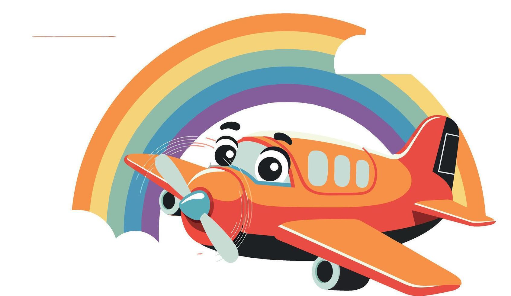 Cartoon airplane flying joyfully beneath a vibrant rainbow in flat art vector