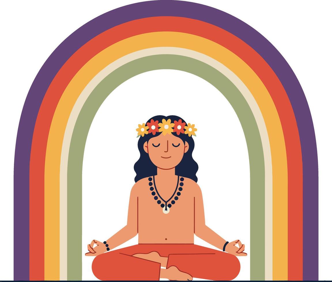 A serene figure meditating in front of a vibrant rainbow arch in flat art vector