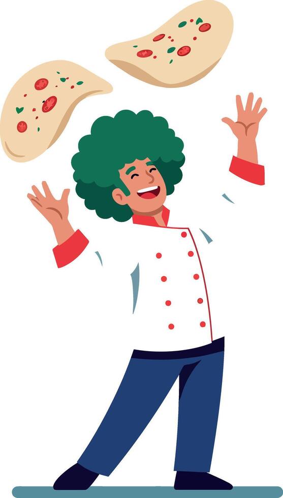 Cheerful chef with curly green hair juggling pizza dough in a playful flat art vector