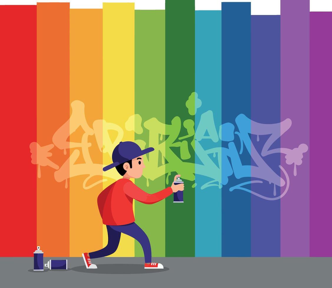 A young artist spray painting a colorful mural in flat art vector