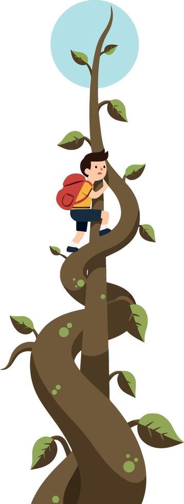 A boy climbing a tall, winding vine toward a bright blue sky in flat art vector