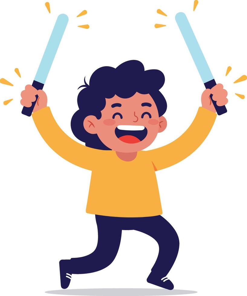 Happy child with glowing sticks in a joyful celebration, flat illustration vector