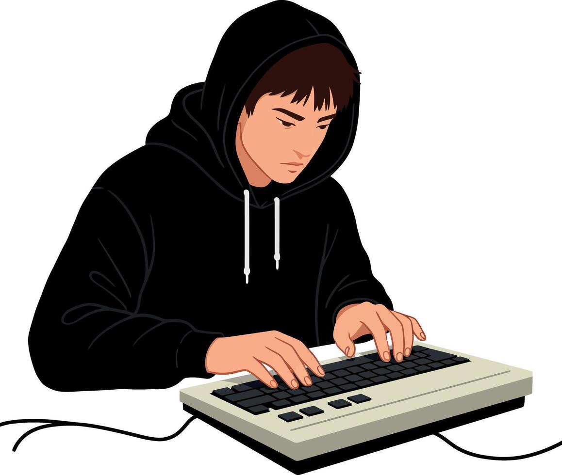 Young man focused on typing at a keyboard wearing a black hoodie in flat art vector